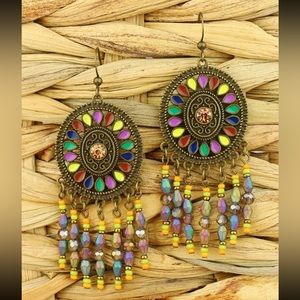 ⭐️ Lovely Rustic Colorful Rhinestone Large Boho Dreamcatcher Drop Earrings ⭐️